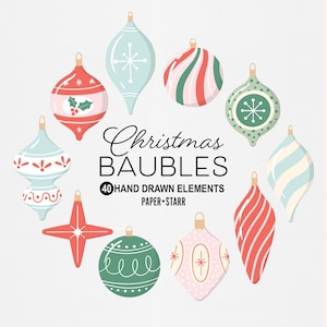 Bola de Natal Clipart, Enfeite de Natal Clipart, Natal Retro, Natal Vintage, Decoração de Natal PNG, Papel Artesanal de Natal
