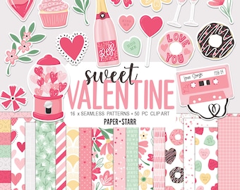 May include: A digital paper pack with a Valentine's Day theme. The pack includes 16 seamless patterns and 50 clip art images. The patterns feature hearts, flowers, donuts, and other Valentine's Day symbols. The clip art includes a variety of Valentine's Day themed images, such as hearts, flowers, donuts, and a gumball machine. The text "sweet valentine" is featured in the center of the image.