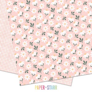 May include: A pink background with a repeating pattern of white daisies and green leaves. The text "PAPER + STARR" is at the bottom of the image.