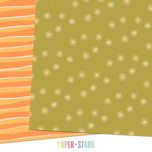 May include: Two digital paper patterns. The first pattern is a series of orange and white stripes. The second pattern is a green background with a white starburst pattern.
