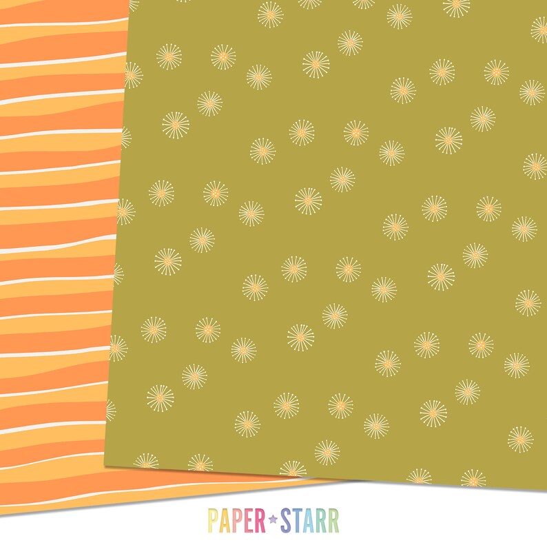 May include: Two digital paper patterns. The first pattern is a series of orange and white stripes. The second pattern is a green background with a white starburst pattern.