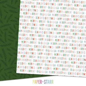 K&ouml;nnte beinhalten: Wei&szlig;er Hintergrund mit einem sich wiederholenden Muster aus buntem Text, der "Frohe Weihnachten", "Frohe Festtage", "Frohe Feiertage", "Froh und hell", "Fa La La La" und "Paper Starr" sagt.