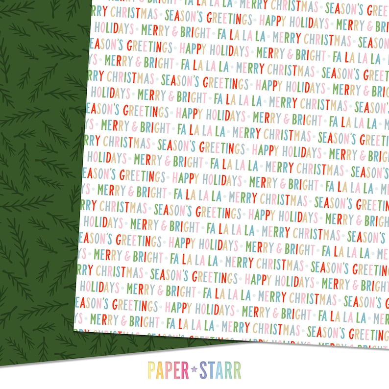 K&ouml;nnte beinhalten: Wei&szlig;er Hintergrund mit einem sich wiederholenden Muster aus buntem Text, der "Frohe Weihnachten", "Frohe Festtage", "Frohe Feiertage", "Froh und hell", "Fa La La La" und "Paper Starr" sagt.