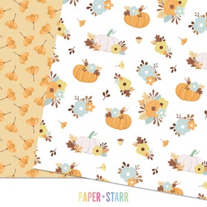 May include: A digital paper pack with three different patterns. The first pattern is a light yellow background with small orange flower shapes. The second pattern is a white background with orange pumpkins, blue flowers, and brown leaves. The third pattern is a white background with yellow flowers and brown leaves. The text "PAPER * STARR" is at the bottom of the image.