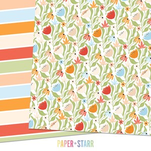 May include: Two digital paper designs. The first design is a striped pattern in shades of orange, red, green, blue, and peach. The second design is a white background with a repeating pattern of green leaves, red, orange, blue, and peach flowers.