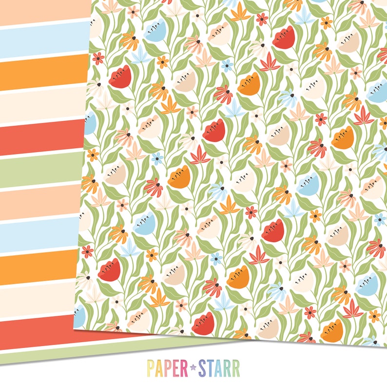 May include: Two digital paper designs. The first design is a striped pattern in shades of orange, red, green, blue, and peach. The second design is a white background with a repeating pattern of green leaves, red, orange, blue, and peach flowers.