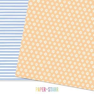 May include: A digital paper pack with two patterns. One pattern is a light blue and white striped pattern. The other pattern is a peach background with white daisy flowers.