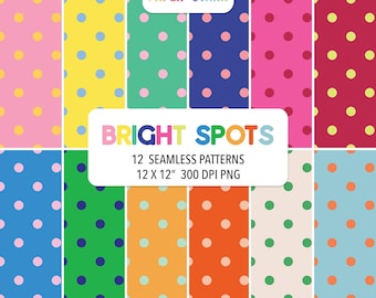 May include: A digital collection of 12 seamless patterns featuring colorful polka dots on various backgrounds. The image includes the text PAPER STARR and BRIGHT SPOTS 12 SEAMLESS PATTERNS 12 X 12 300 DPI PNG in white rectangular overlays.