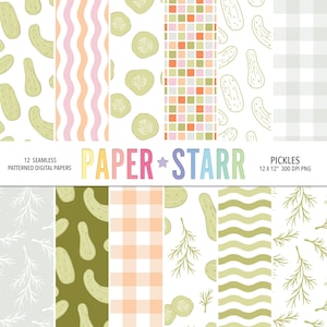 Pode incluir: Uma coleção de 12 papéis digitais estampados sem costura com designs temáticos de picles. Os papéis apresentam vários padrões, incluindo fatias de picles, linhas onduladas e xadrez, em tons de verde, rosa e laranja. O texto "PAPER STARR" é exibido em cores.