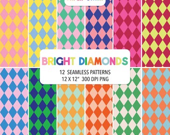 May include: A digital collection of 12 seamless patterns featuring bright diamond shapes in various color combinations. The image includes the text PAPER STARR and BRIGHT DIAMONDS 12 SEAMLESS PATTERNS 12 X 12" 300 DPI PNG on white labels.