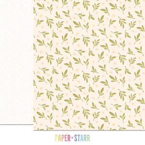 May include: A seamless pattern featuring a repeating design of green leaves and small yellow stars on a light peach background. The pattern is perfect for crafting projects, scrapbooking, and home decor.