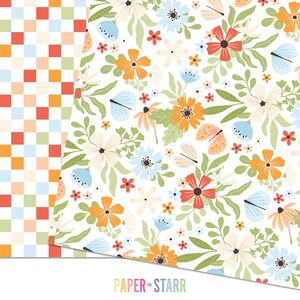 May include: A digital paper pack with two seamless patterns. The first pattern is a checkered pattern in shades of orange, red, blue, and white. The second pattern is a floral pattern with orange, red, blue, and white flowers, butterflies, and leaves on a white background. The text "PAPER * STARR" is at the bottom of the image.