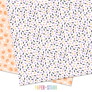 Puede incluir: Un fondo blanco con un patr&oacute;n repetitivo de l&iacute;neas negras, naranjas y moradas. El texto "PAPER + STARR" est&aacute; en la parte inferior de la imagen.