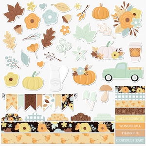 May include: A set of fall-themed digital stickers featuring pumpkins, leaves, flowers, a truck, a coffee cup, and a pitcher. The stickers are in various colors, including orange, brown, yellow, green, and blue. The stickers are perfect for adding a touch of fall to your digital projects.