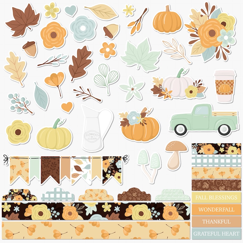 May include: A set of fall-themed digital stickers featuring pumpkins, leaves, flowers, a truck, a coffee cup, and a pitcher. The stickers are in various colors, including orange, brown, yellow, green, and blue. The stickers are perfect for adding a touch of fall to your digital projects.