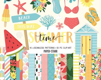 May include: A set of 16 summer-themed seamless patterns and 50 clip art images. The clip art includes a watermelon, beach house, sunglasses, flip flops, a starfish, a popsicle, a cocktail, coral, flowers, and a swimsuit. The text "Summer time" is written in a whimsical font. The text "16 x Seamless Patterns + 50 PC Clip Art" and "Paper-Starr" are also included.