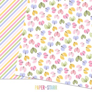 Peut inclure: Un pack de papier num&eacute;rique avec deux motifs. Le premier motif est un motif ray&eacute; avec des rayures roses, jaunes et bleues. Le deuxi&egrave;me motif est un fond blanc avec un motif r&eacute;p&eacute;titif de papillons color&eacute;s.