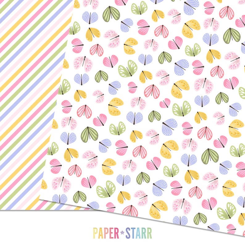 Peut inclure: Un pack de papier num&eacute;rique avec deux motifs. Le premier motif est un motif ray&eacute; avec des rayures roses, jaunes et bleues. Le deuxi&egrave;me motif est un fond blanc avec un motif r&eacute;p&eacute;titif de papillons color&eacute;s.