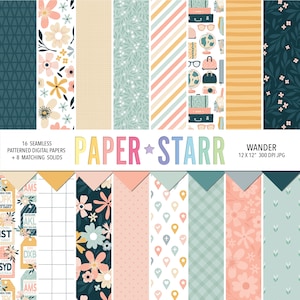 Papel digital de viagem, papel digital floral de primavera, padrões de férias, padrões de viagem, padrões florais, papel para fazer cartões, papel para scrapbook