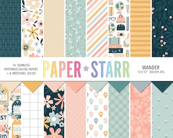 Papel digital de viaje, papel digital floral de primavera, patrones de vacaciones, patrones de viaje, patrones florales, papel para hacer tarjetas, papel de Scrapbook