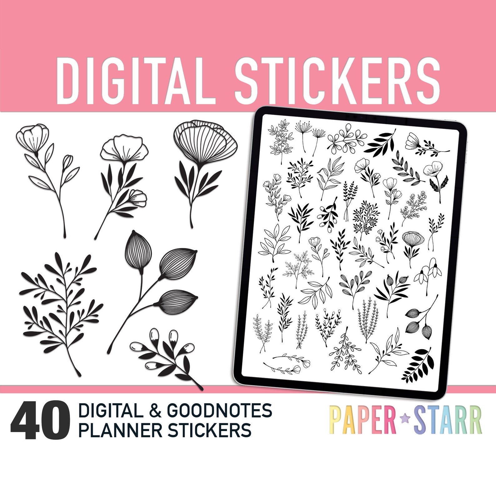 40 Doodle Floral Digital Planner Stickers for Goodnotes & Other Digital ...