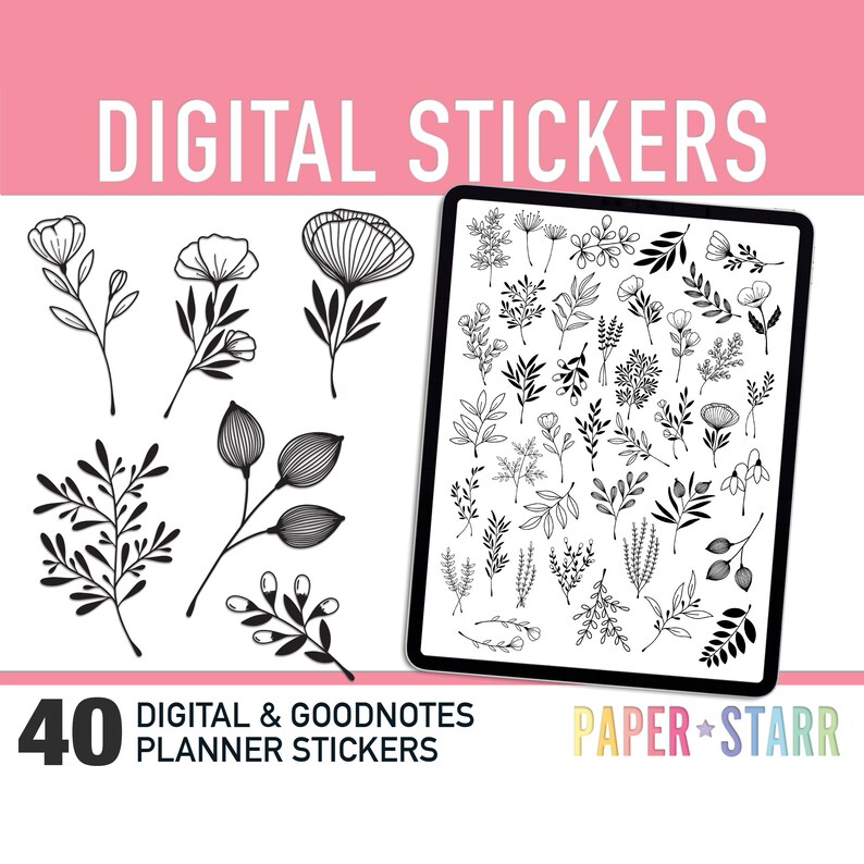 40 Doodle Floral Digital Planner Stickers for Goodnotes & Other Digital ...