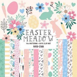 Peut inclure: Ensemble d'art numérique sur le thème de Pâques, avec des illustrations pastel d'œufs, de lapins, de fleurs et de carottes. Le texte "Easter Meadow" est affiché avec "16 x Patterns + 50 PC Clip Art" et "Paper + Starr". Différents papiers à motifs sont inclus.