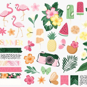May include: A set of summer themed digital stickers featuring pink flamingos, tropical flowers, palm leaves, pineapples, watermelon, butterflies, and a camera. The text "SUMMER" is included in the image.