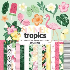 Papel digital de verano, papel digital tropical, imágenes prediseñadas de verano, imágenes prediseñadas tropicales, patrón tropical floral, imágenes prediseñadas de flamenco, imágenes prediseñadas de hibisco