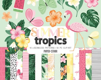 May include: A digital paper pack with 16 seamless patterns and 50 clip art images featuring tropical elements like flamingos, butterflies, pineapples, hibiscus flowers, and palm leaves. The text "Summer tropics" is featured in the center of the image. The text "16 x Seamless Patterns + 50 pc Clip Art" and "Paper + Starr" are also included in the image.
