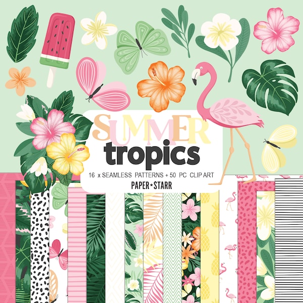 Summer Digital Paper, Tropical Digital Paper, Summer Clipart, Tropical Clipart, Floral Tropical Pattern, Flamingo Clipart, Hibiscus Clipart