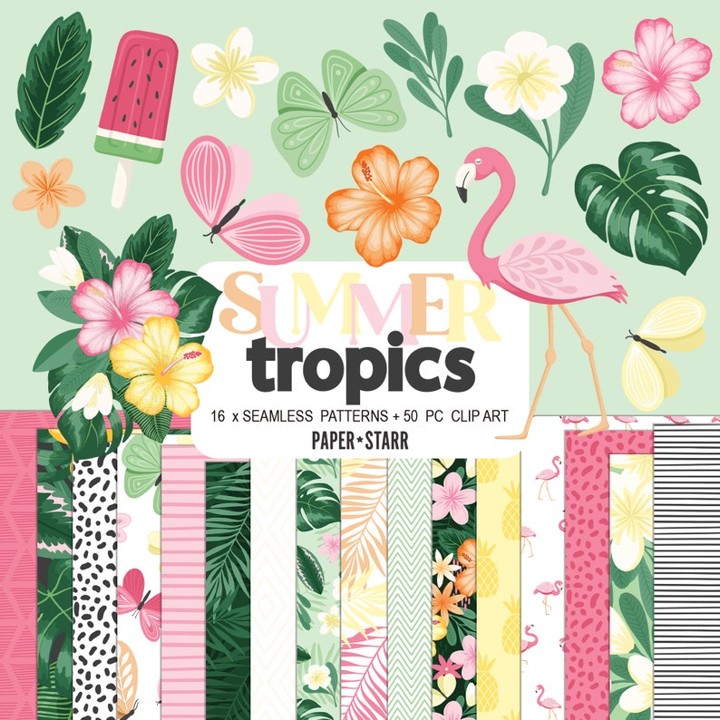 May include: A digital paper pack with 16 seamless patterns and 50 clip art images featuring tropical elements like flamingos, butterflies, pineapples, hibiscus flowers, and palm leaves. The text "Summer tropics" is featured in the center of the image. The text "16 x Seamless Patterns + 50 pc Clip Art" and "Paper + Starr" are also included in the image.