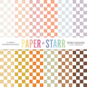 May include: Twelve seamless digital paper patterns featuring a retro checkerboard design in various pastel colors. The patterns are 12 inches by 12 inches and 300 DPI.