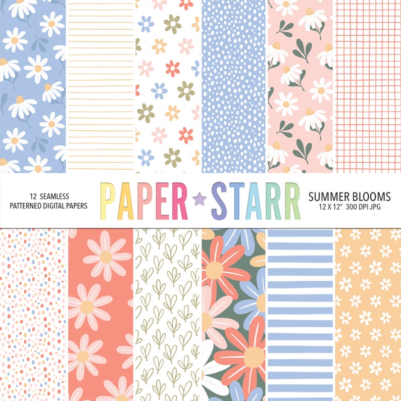 May include: Twelve digital paper designs featuring various floral and geometric patterns. The patterns include daisies, polka dots, stripes, and gingham. The papers are 12 x 12 inches and 300 DPI.