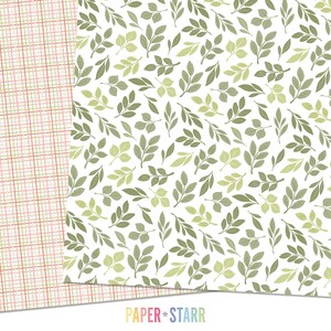 May include: A digital paper pack with two seamless patterns. The first pattern is a white background with green leaves. The second pattern is a pink and white checkered pattern. The text "PAPER + STARR" is at the bottom of the image.