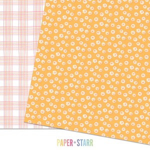 May include: Two patterned paper sheets. The first sheet is a white and pink plaid pattern. The second sheet is a yellow background with a white repeating pattern of small circles with a starburst design.