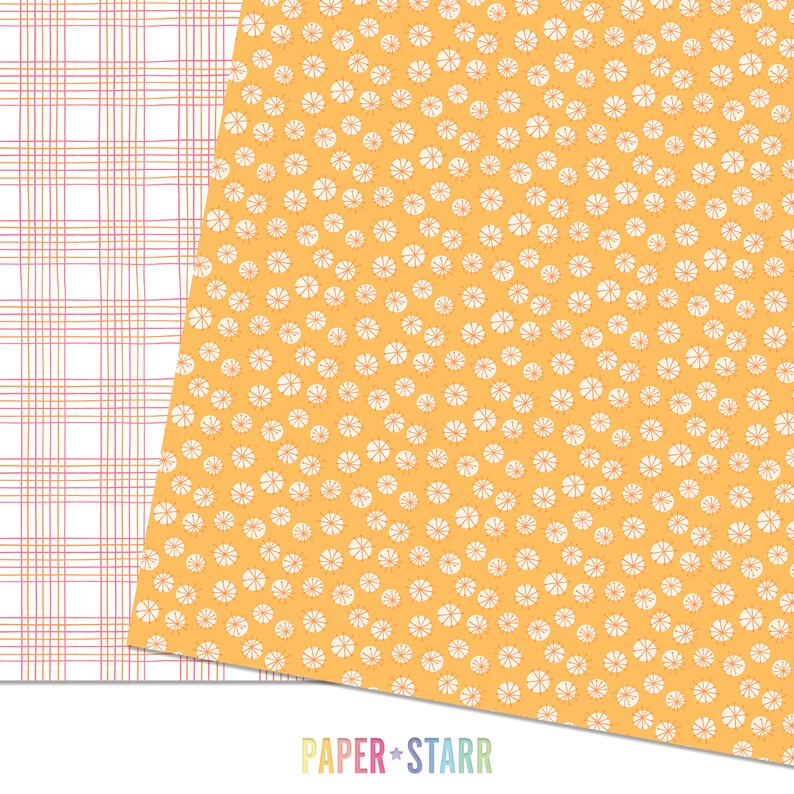 May include: Two patterned paper sheets. The first sheet is a white and pink plaid pattern. The second sheet is a yellow background with a white repeating pattern of small circles with a starburst design.