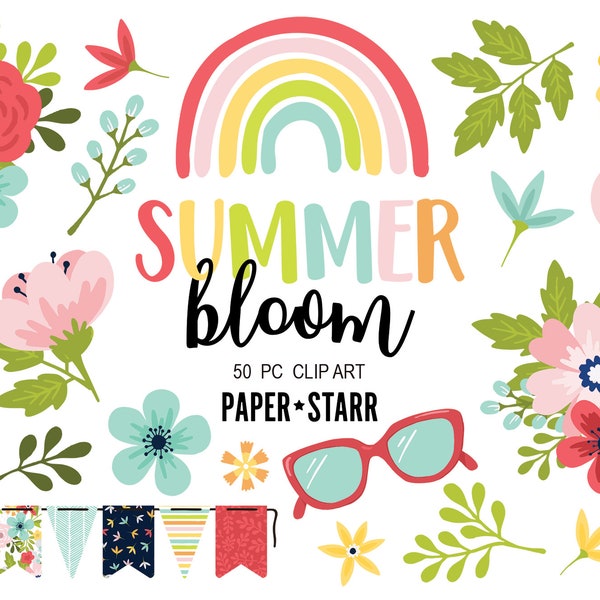 Summer Clipart, Floral Clip Art, Summer Party Invitation, Summer Floral Clip Art, Sunglass Clipart, Rainbow Clipart, Summer Stickers