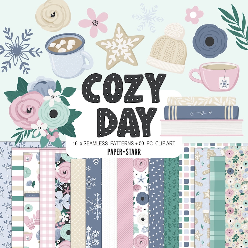 May include: Cozy Day digital paper pack featuring 16 seamless patterns and 50 clip art images. The pack includes a range of winter-themed designs, such as snowflakes, stars, flowers, and cosy winter items like mugs, hats, and books. The colours are soft and pastel, with shades of blue, pink, and green.