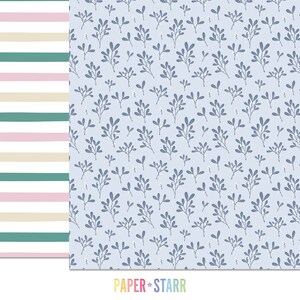 May include: A digital paper pack with two patterns. The first pattern is a striped pattern with pink, beige, and green stripes. The second pattern is a light blue background with a repeating pattern of small blue sprigs with white berries.