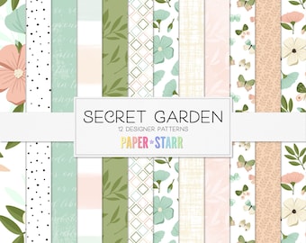 May include: A set of 12 digital paper patterns featuring floral and butterfly designs in shades of green, pink, and white. The patterns are titled "Secret Garden" and are by Paper + Starr.