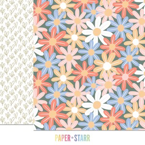 May include: A seamless pattern featuring a repeating design of colorful daisies on a dark green background. The daisies are in shades of pink, blue, orange, and white.