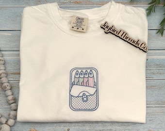 Sardines Embroidered T-Shirt, Comfort Colors Embroidered Shirt, Fisherman Embroidered Tee, Women's t-shirt, Custom Embroidered Sardine Shirt