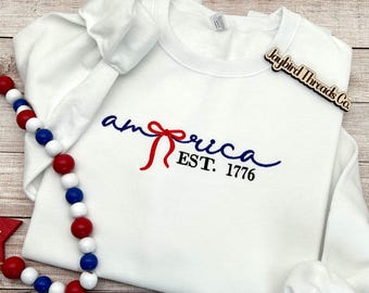 Embroidered America Crewneck Sweatshirt, Patriotic Bow Detail, Est. 1776