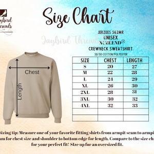 May include: A size chart for a unisex crewneck sweatshirt, with chest and length measurements in inches. The chart includes sizes S to 4XL. The image also features the brand logo and sizing tips.