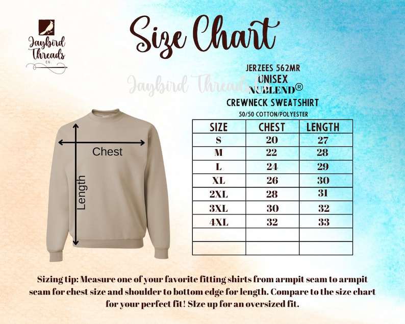 May include: A size chart for a unisex crewneck sweatshirt, with chest and length measurements in inches. The chart includes sizes S to 4XL. The image also features the brand logo and sizing tips.