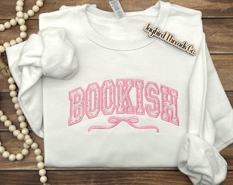 Bookish Bow Embroidered Sweatshirt, Appliqued Embroidered Crewneck Sweatshirt, Book Lover Gift, Coquette Book Lover Sweatshirt