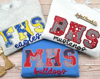 Custom School Mascot Embroidered Sweatshirt, Spirit Wear Crewneck, Back to School Shirt, School Team Shirt, Quilted Team Mascot Sweatshirt