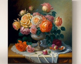 Still Life Flowers in a Vase, Rachel Ruysch Style, Still Life, Oil Painting on Canvas, Still Life, Home Decor Vintage art, victorian art