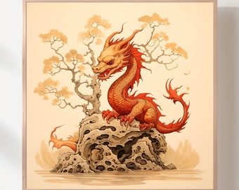 New Year dragon, Christmas dragon, Chinese dragon, Tree of life, Vintage paintings